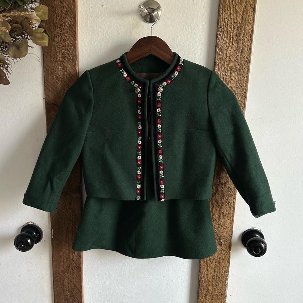 Vintage Girls Formal Wool Jacket Skirt Set Embroidered Green Mittenwald